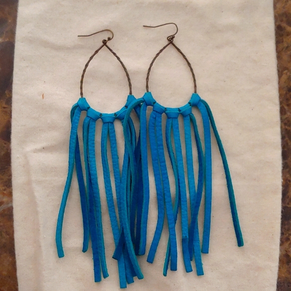 None Jewelry - Boho Turquoise Leather Fringe Earrings